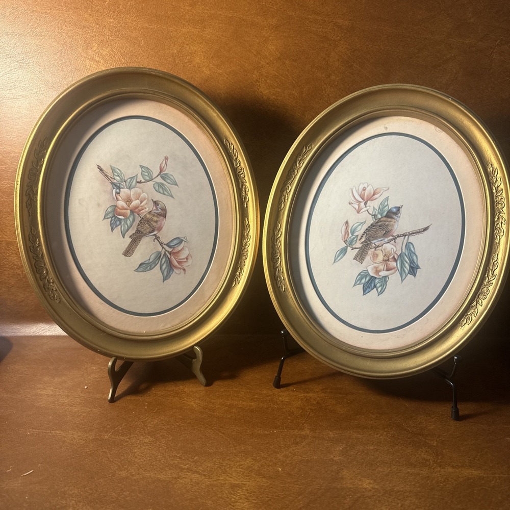 Set Of 2 VTG HOMCO 1983 Oval Gold Frame Birds Floral Pictures 11 X 9